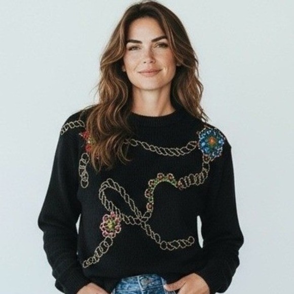 Jessica Roberts Sweaters - Jessica Roberts Vintage 80s/90s Holiday Embellished Floral Sweater Women's